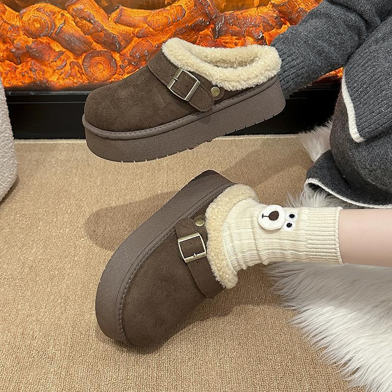 Thick-bottomed Outer Wear Bag Head Boken Wool Slippers Women's 2025 Autumn and Winter New Light Matte Leather Lamb Wool One-word Drag