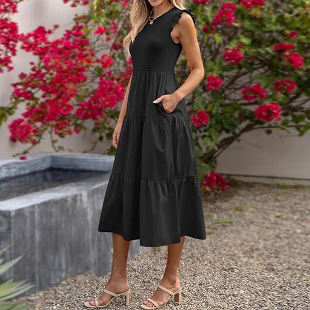 Women's Bohemian Round Neck Ruffle Sleeve Color Summer Casual Dresses