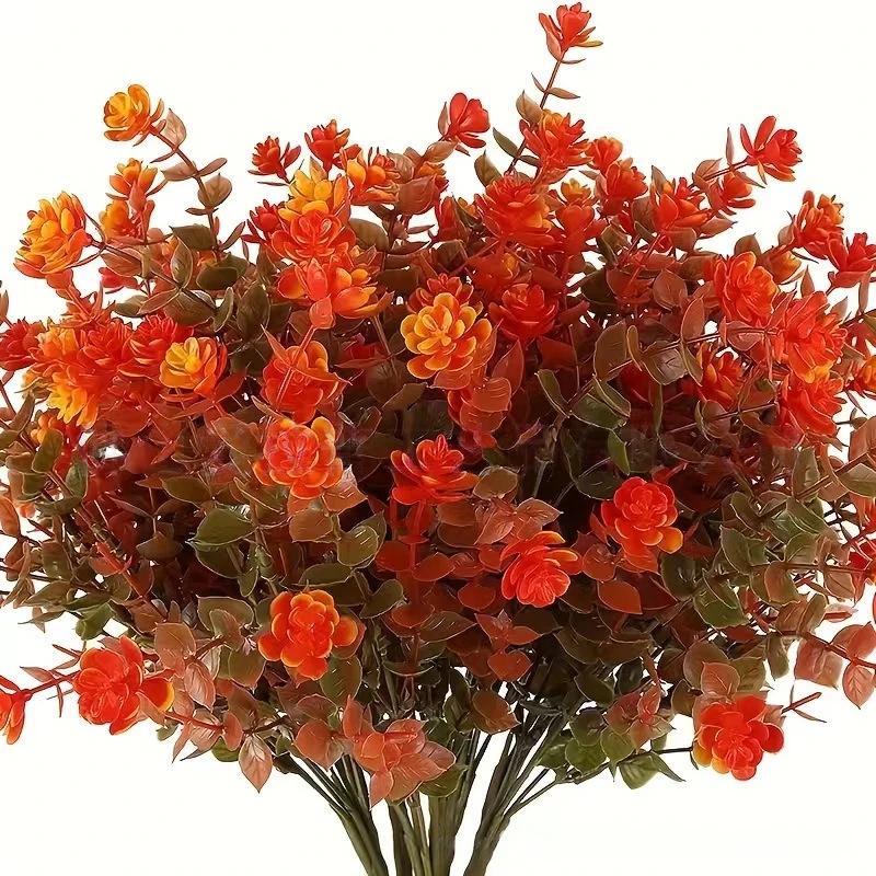 10Pcs Artificial Fall Plants Plastic Fake Eucalyptus Shrubs Outdoor Plant for Garden Home Autumn Decoration Festival Party Decor