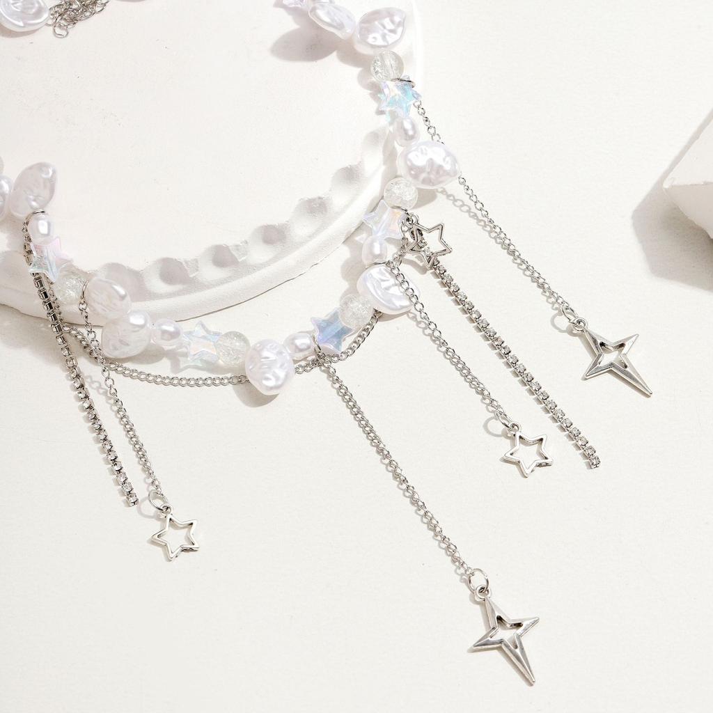European and American fashion cold wind pentagram cross star fringed pendant imitation pearl necklace high sense personality collarbone chain