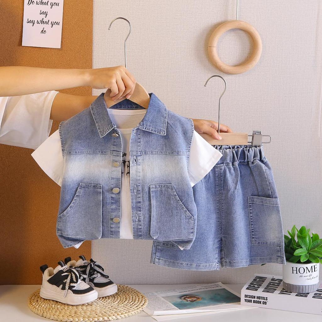 Boys' Korean Style Three-Piece Summer Set: Denim Vest, Stylish Double Pocket, Cool Street Fashion Short Sleeve.