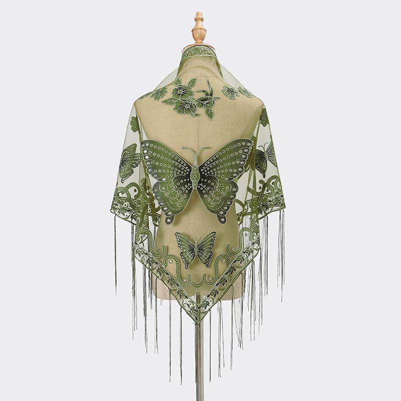 New Tassel Triangle Scarf, Solid Color Hollow Lace Butterfly Embroidered Triangle Shawl Scarf for Women