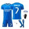ANUTETOUNI Ensemble de Football Real Madrid Ronaldo 7 pour Enfants - Comprend Maillot, Short, Chaussettes, Ballon, Bandeau, Protège-tibias, Bleu et Blanc, Taille 120-130 cm