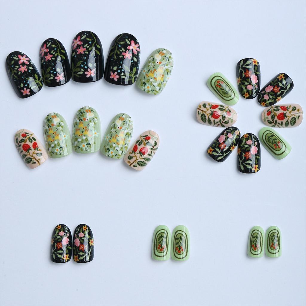 24Pcs Almond Shaped Floral Painted Press On Nails Full Coverage Removable False Nail Tips For Women Daily Wear