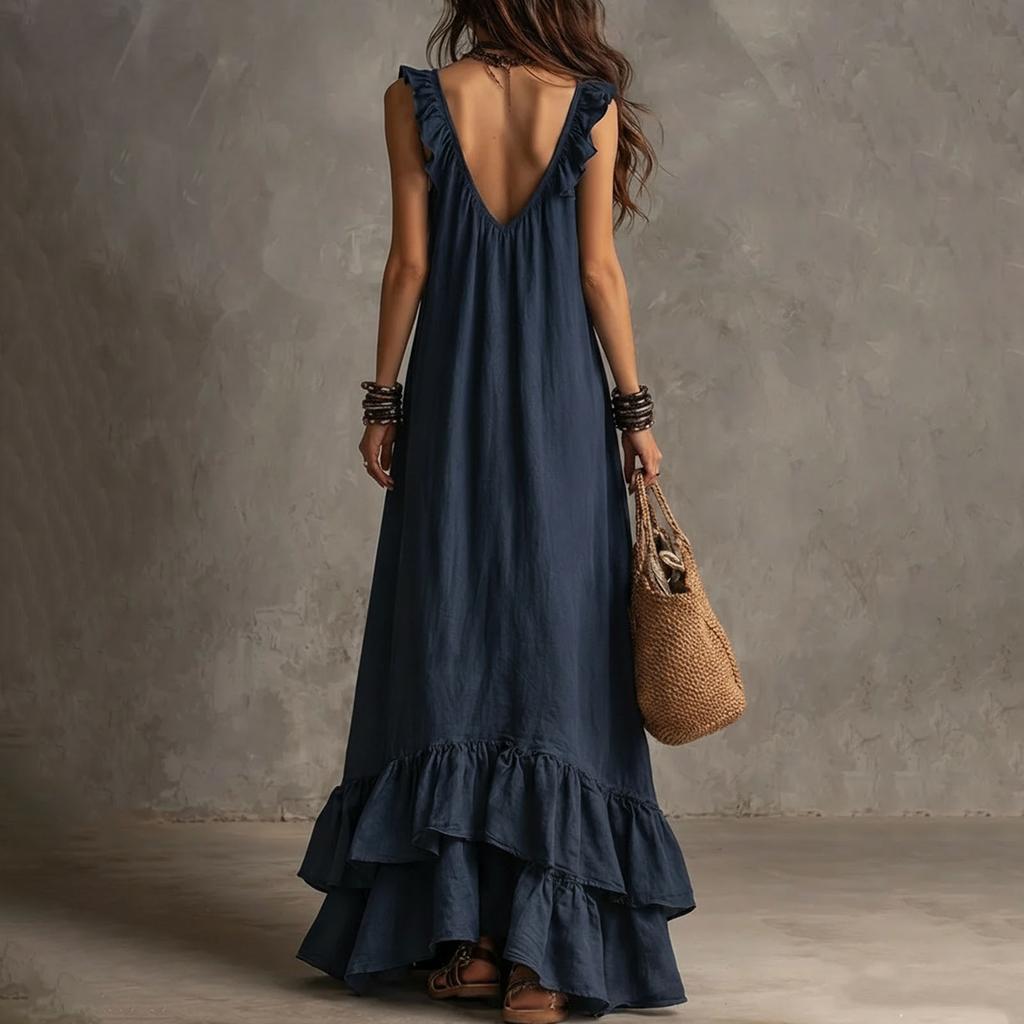 Women's New Summer Casual Boho Vintage Dress, V-Neck Short Sleeve With Ruffle Hem