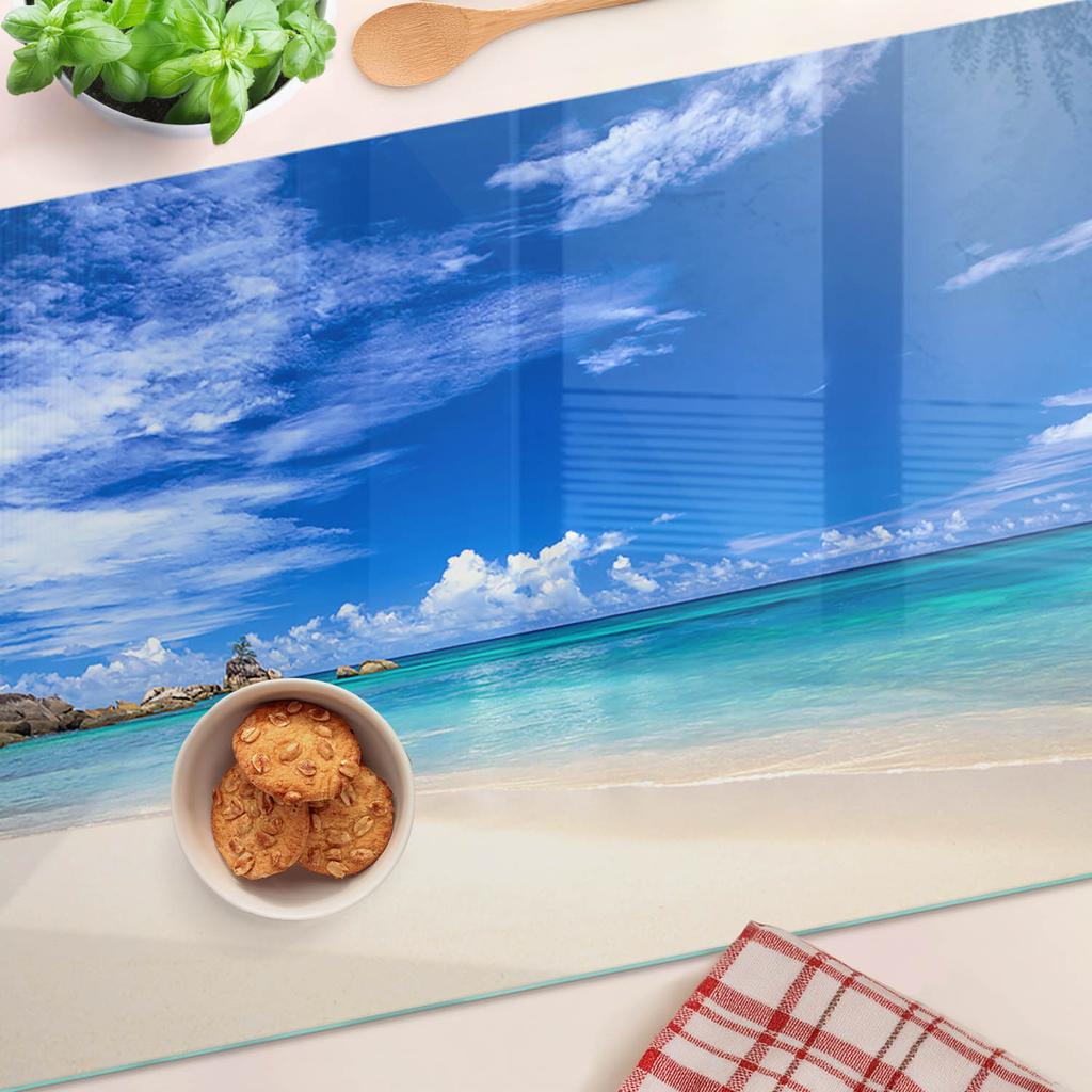 Glass Kitchen Serving Board with Tropical Beach Graphic 80x52 cm