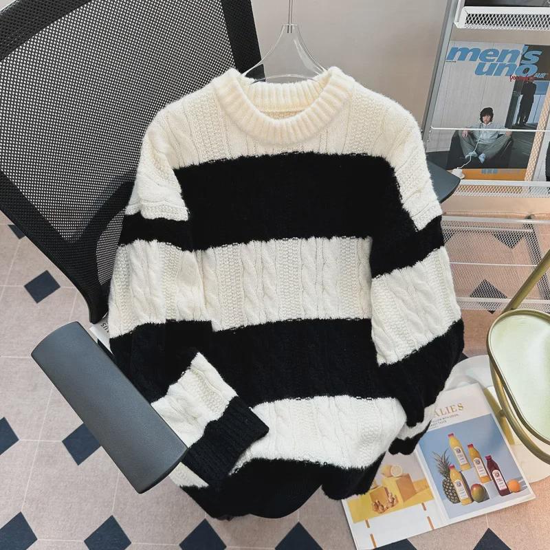 Pánský volný ležérní pruhovaný pletený svetr - Japonský trendy TikTok styl pro středoškoláky
