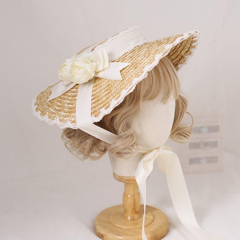 Handmade Elegant Flowers Straw Hat Multi Colored Bonnet Flat Hat Lolita Cosplay Ribbon Straw French Hat for Beach Vacation