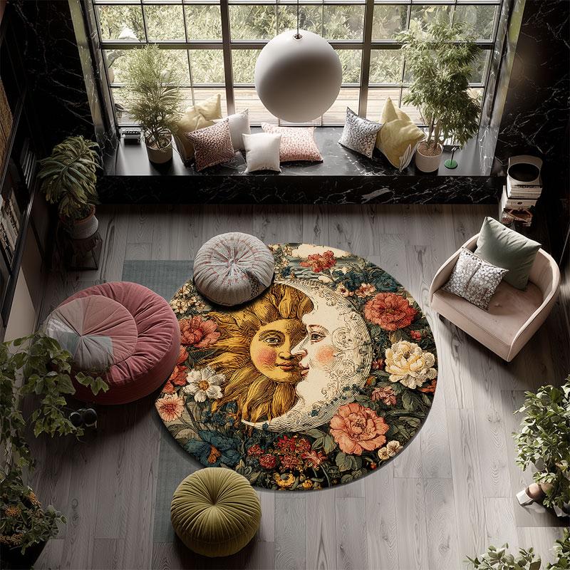 Sun & Moon Pattern Round rug,Carpet Rug for Living Room Bedroom Playroom ,Non-slip Floor Mat,Holiday Gifts and Birthday Gifts.