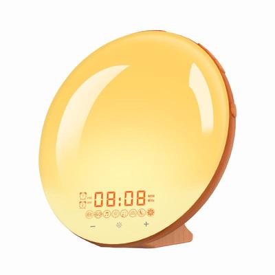 Wood Grain Sunrise Alarm Clock with Sunset Simulation, Sleep Aid, Colorful LED Atmosphere, and Music Light