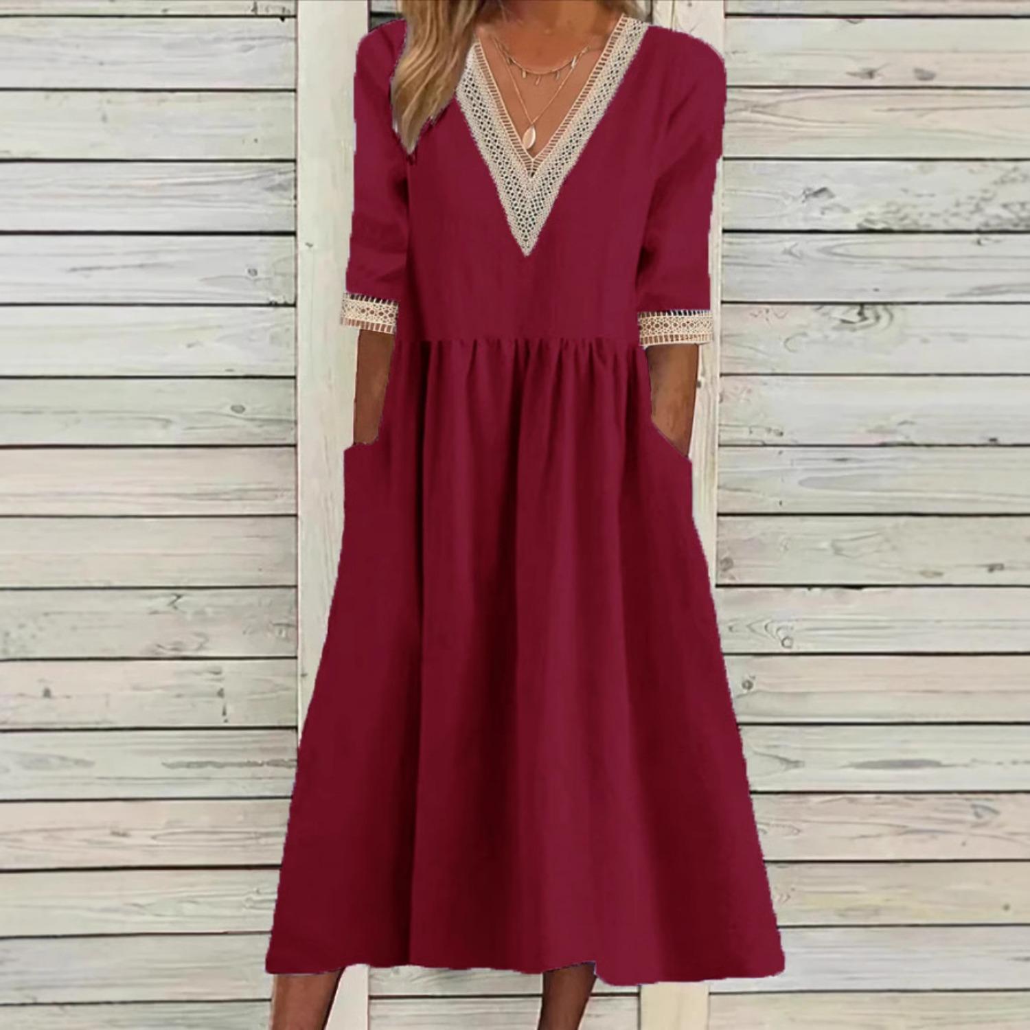 

2025 Новое женское платье большого размера, свободное хлопковое льняное кружевное воротниковое платье миди с рукавами пять четвертей XXL красный