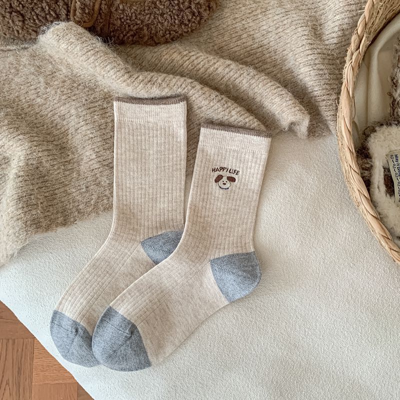 Coffee Color Warm Velvet Embroidery Versatile Trendy Socks Puppy Mid-Leg Socks Plush Warm Stockings Are One Size