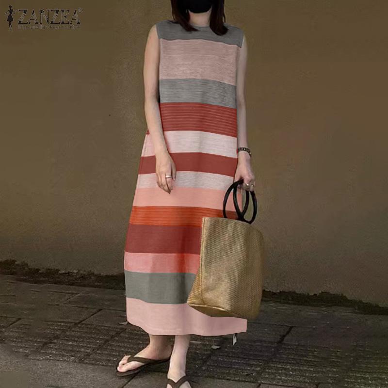 ZANZEA Womens Summer Round Neck Stripe Sleeveless Dress