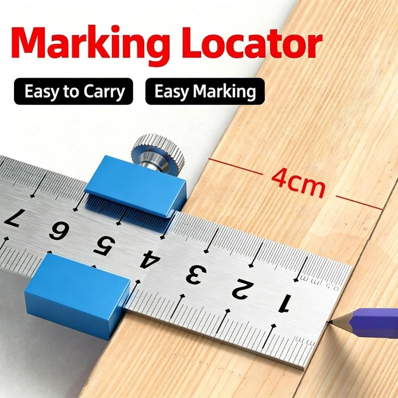 Woodworking Ruler Marking Guide with Thumb Lock Block and Steel Ruler for Repeat Line Layout and Furniture Drafting