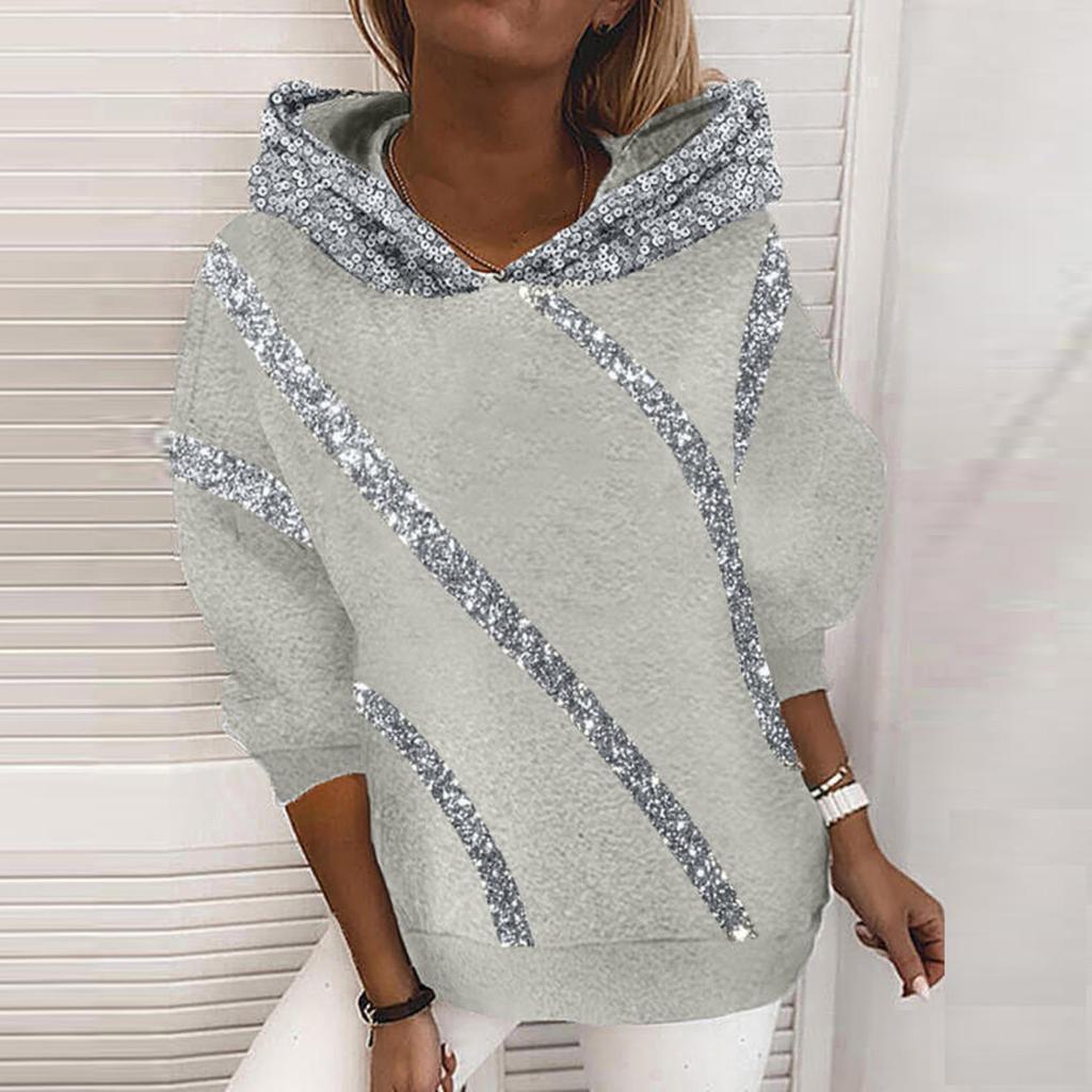 Sudadera con capucha holgada con estampado de lentejuelas para mujer
