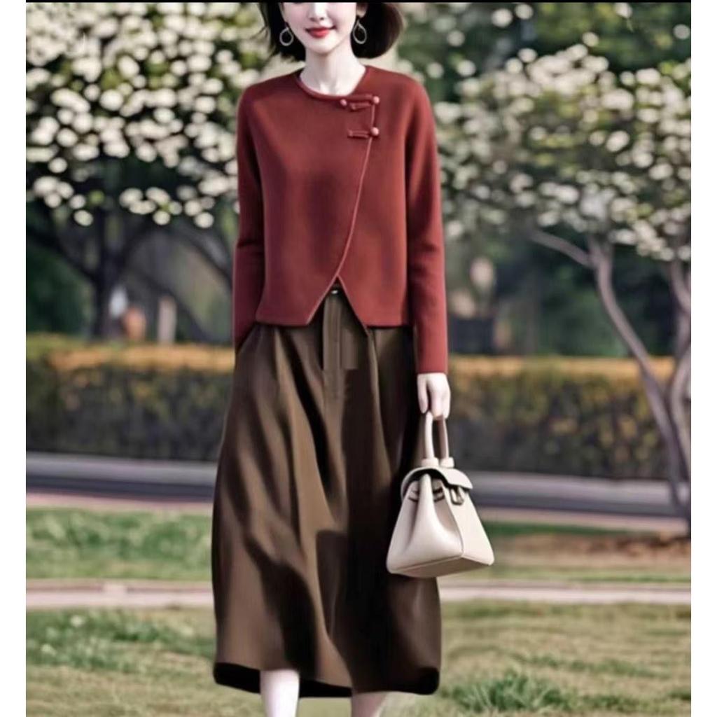Women's New 2026 Irregular Knit Sweater & Chinese Style Frog Button Skirt Set - Spring & Autumn Collection