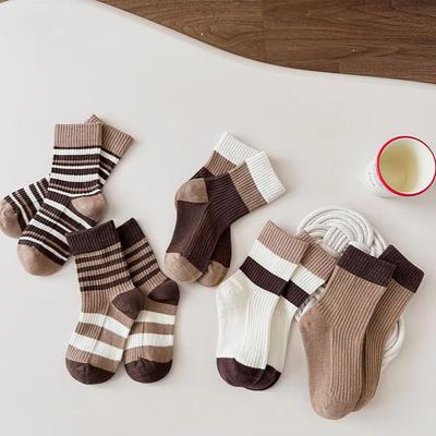 5 Pair/set Beige Coffee Color Calf Sock for Kids Sporty Fashion Striped Children's Sock Spring Autumn Soft Cotton School Sock