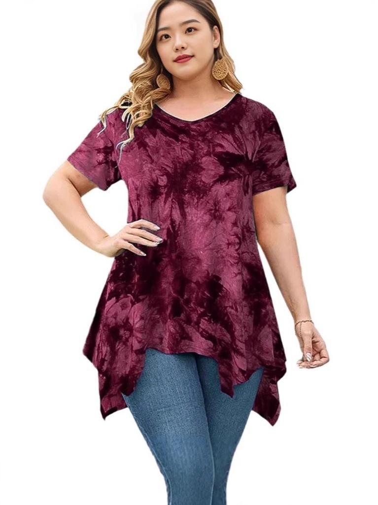 Women's Plus Size Tie-dye V-neck Irregular Hem Short Sleeve Loose Top
