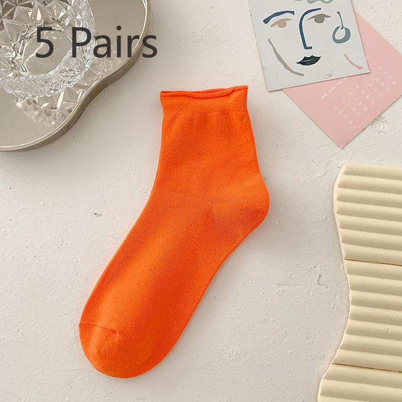 5 Pairs of Cute Candy Colored Rolled Up Mid Top Socks for Women In Summer