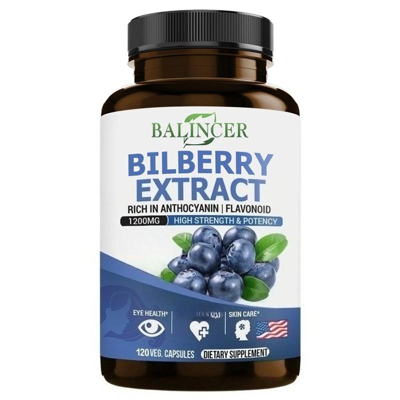Bilberry Extract 1200mg Capsules, High Strength Anthocyanin & Flavonoid Supplement for Eye Health, Vision Support & Skin Care 120PCS