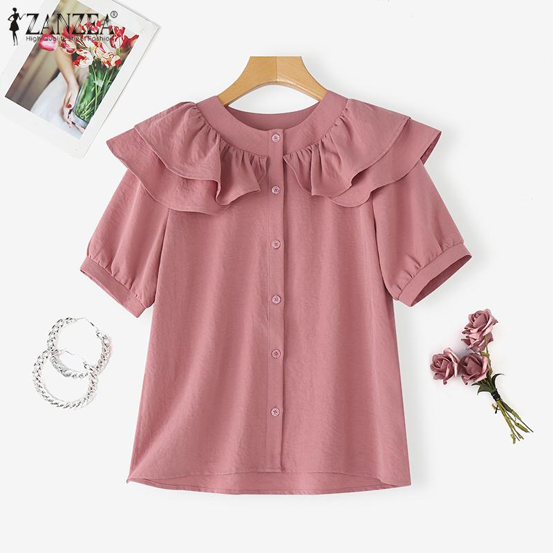 

ZANZEA Женская многослойная блузка с короткими рукавами и оборками в повседневном стиле 3XL камео розовый