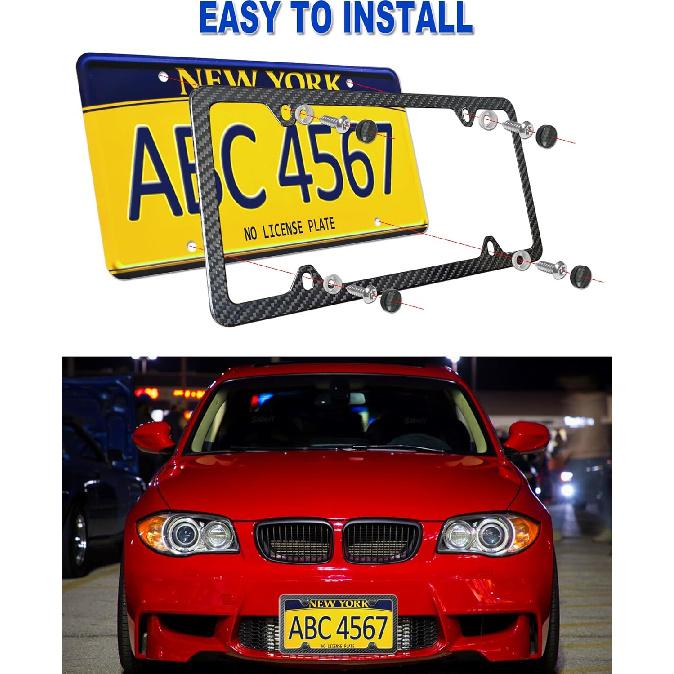 Carbon Fiber License Plate Frame- Stainless Steel Car Tag Holder Wrapped with Real Carbon Fiber, 4 Hole Slim Design, Anti-Theft Screws Caps,