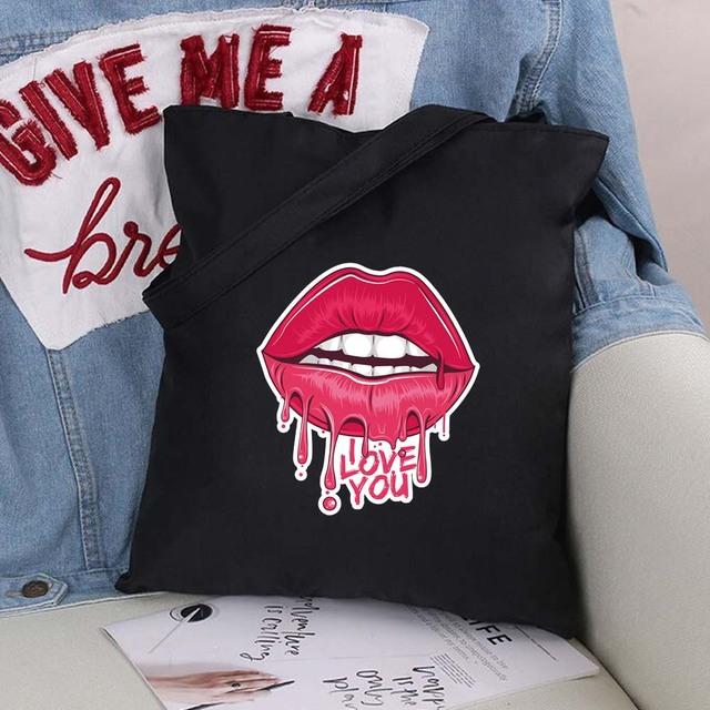 Sexy Lips Large Capacity Women Shopping Bags Shoulder Bag Fashion Black Printing Foldable Handbag Canvas Tote Bag