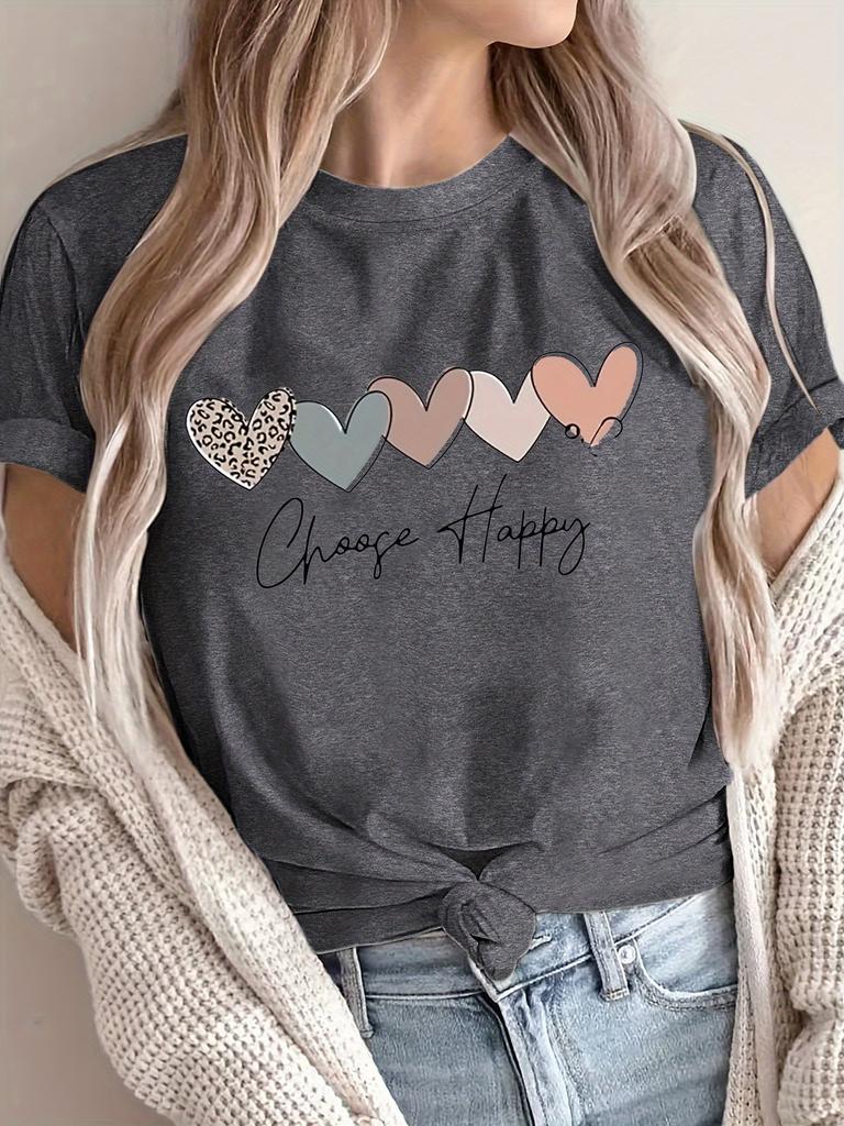 Choose Happy Women's Tee - Boho Leopard Heart Graphic Maroon Top