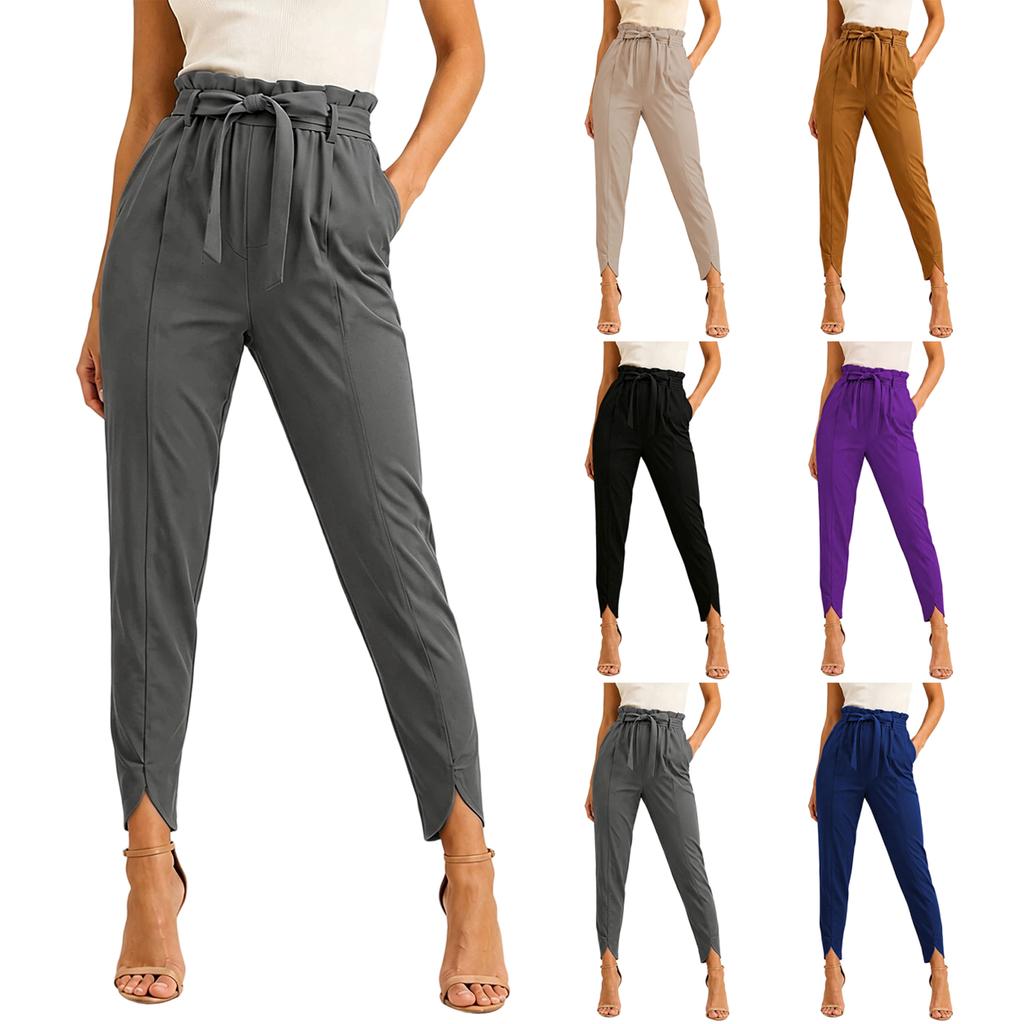 Women's Color Slim Fit Pleated Pants with Pockets and Tie Waist for Casual Daily Wear