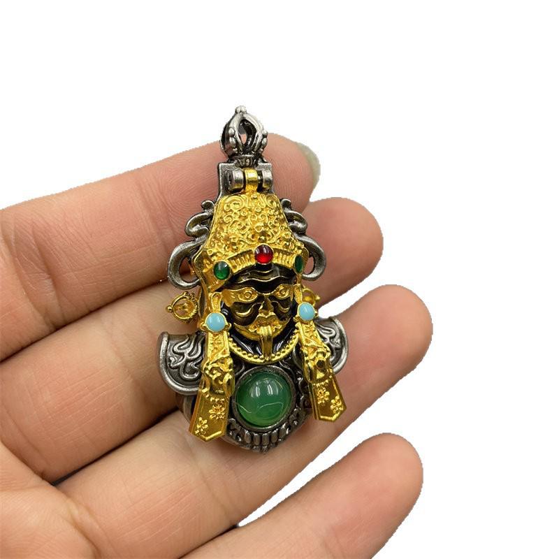 Retro Tibetan Silver Pendant with Green Chalcedony and Red Agate Sweater Chain