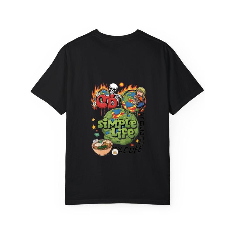 Simple Life T Shirt White Cd Simple Life Graphic Print with Skull Flames Earth and Ramen Bowl Design for Casual Wear