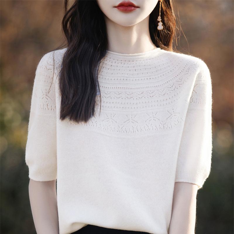 Women's Three Quarter Sleeve Knit Top O Neck Vintage Elegant Sweater