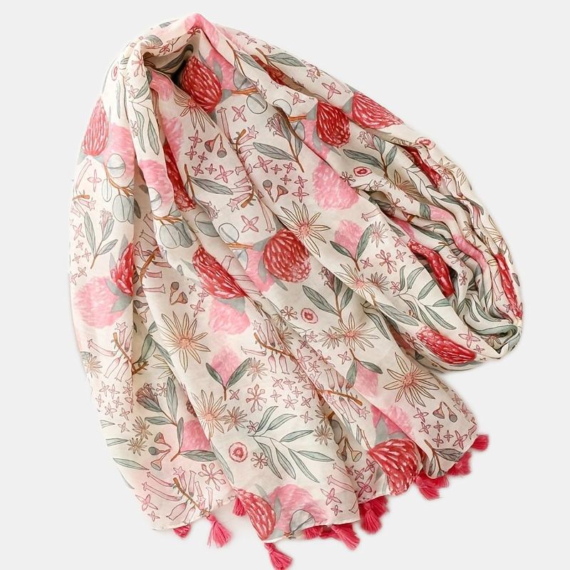 Bufanda Floral de Viscosa Suave con Borlas para Mujer - Chal Ligero con Estampado de Plantas Rosa y Verde, Cálido y Transpirable para Uso en Exteriores, Chal Transpirable