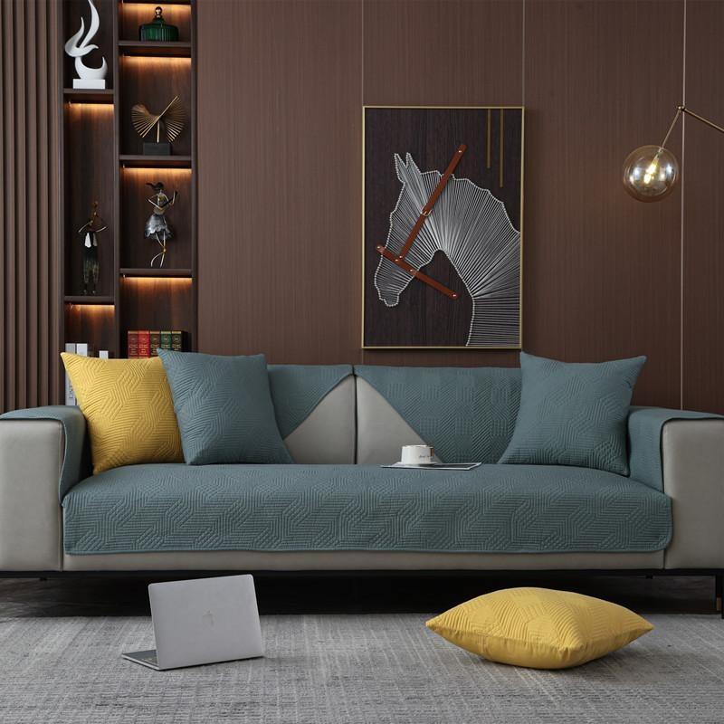 Four Seasons Washed Cotton Quilted Plaid Sofa Cushion Modern Simple Solid Color Fabric Anti-Slip Sofa Cushion Cover