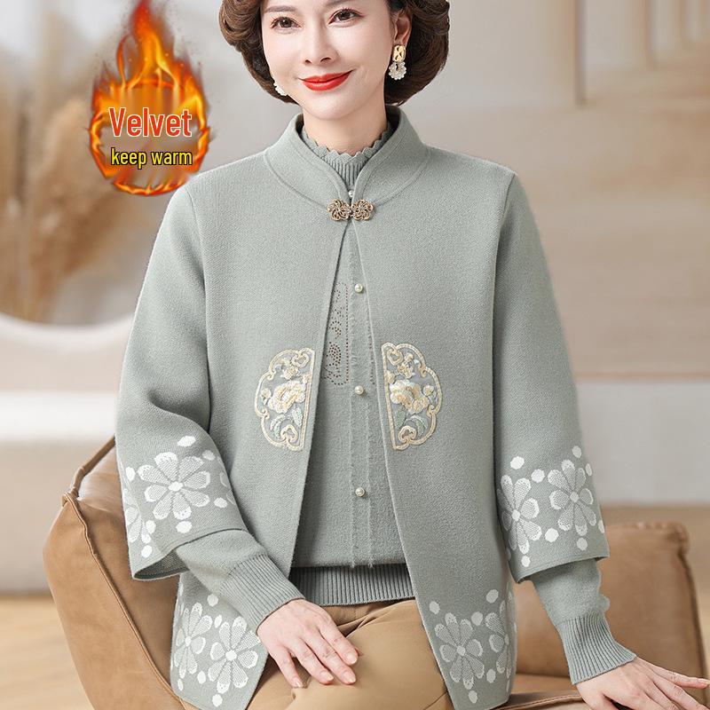 Höst/Vinter 2025 Stickad Kostym i Kinesisk Stil för Medelålders Kvinnor: Trendig Nationaltröja med Knappar