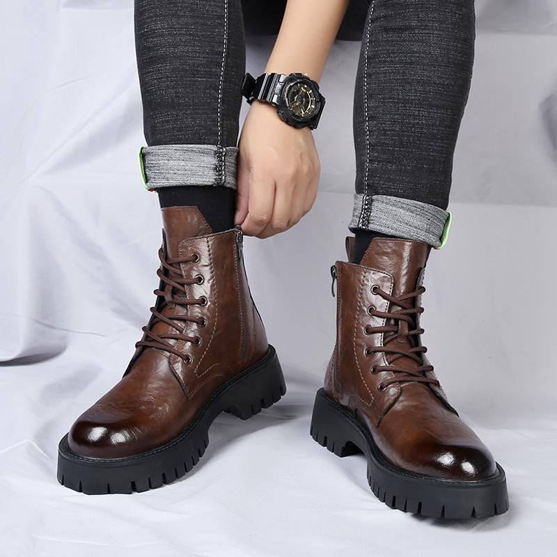 Cizme Casual de Exterior pentru Bărbați din Piele de Vacă, de Lux, Piele Naturală, Vârf Rotund, Stil Britanic, Platformă cu Talpă Groasă, Iarnă, Noi, Calde, Glezniere