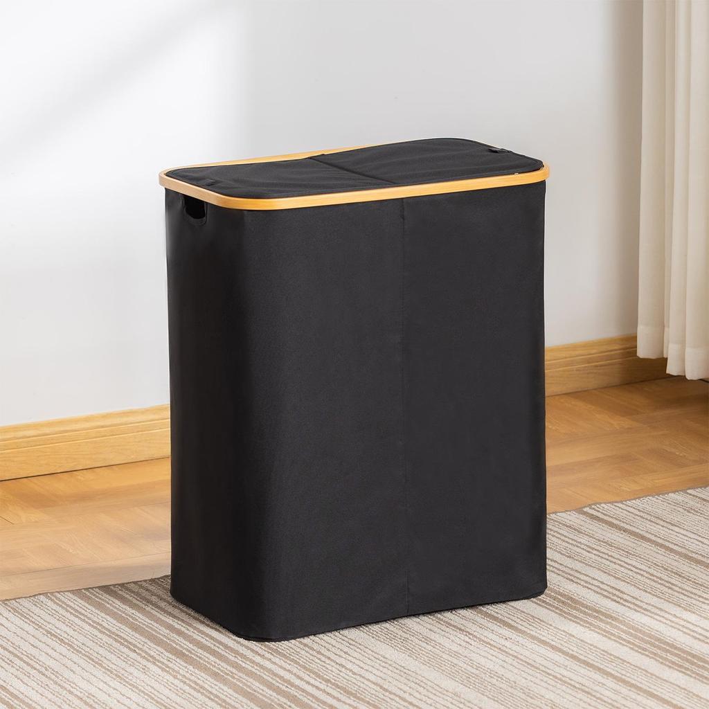 Foldable Bamboo Laundry Hamper with Lid - Oxford Cloth Dustproof Storage Basket