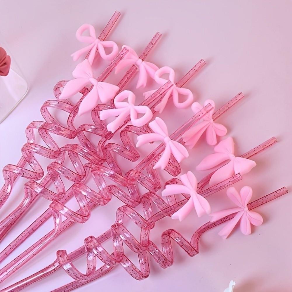 8pcs Colorful Sparkle Pink Bow Straws Durable Material Sparkle Straws Birthday Parties