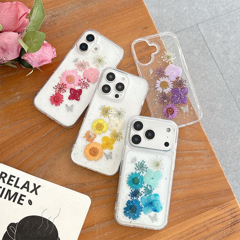Glitter Real Flower Dried Flower Mobile Phone Case For Iphone17 Transparent Apple 16Promax Chrysanthemum Butterfly 15