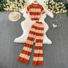 Summer Women Chic Striped Knitted Sweater Trouser Two Piece Set Short Sleeve Pullover Tops and Wide Leg Pant Suit