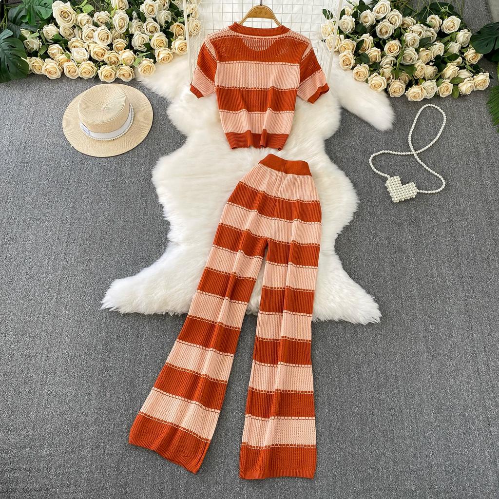 Summer Women Chic Striped Knitted Sweater Trouser Two Piece Set Short Sleeve Pullover Tops and Wide Leg Pant Suit