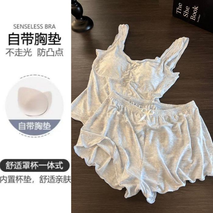 Modal heart-shaped pajamas women s summer vest suspender shorts comfortable bow Internet celebrity solid color loungewear suit M