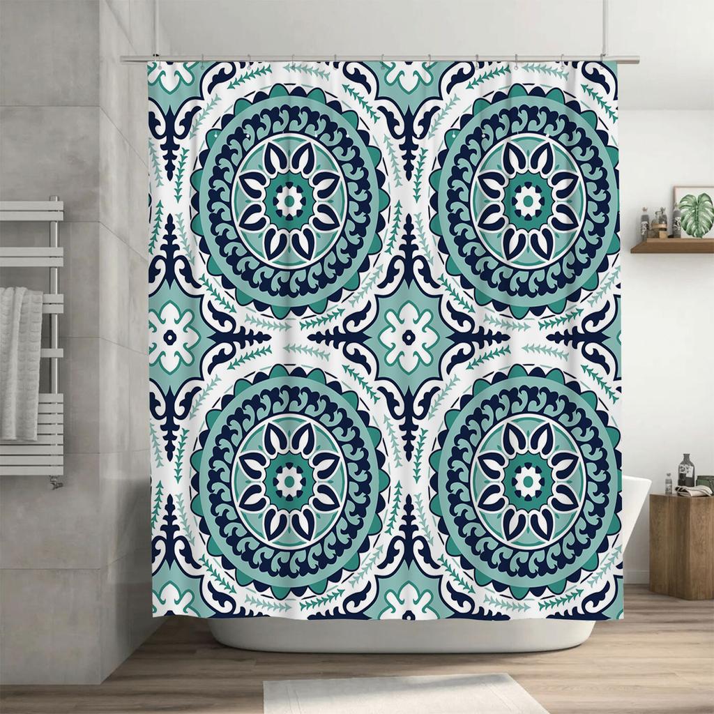 Blue and White Floral Shower Curtain Set Bathroom Decor, Waterproof Fabric Printing, Modern Bath Accessories for Home Decoration