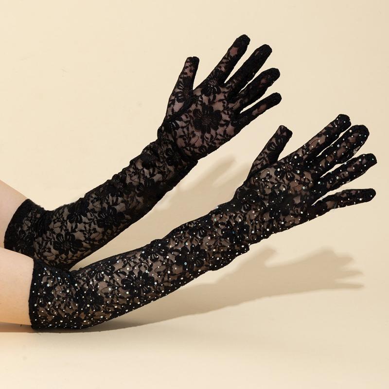 

Модные сверкающие бриллиантовые кружевные удлиненные перчатки женские эластичные сетчатые перчатки сексуальные перчатки для вечеринки в ночном клубе перчатки для батута One Size