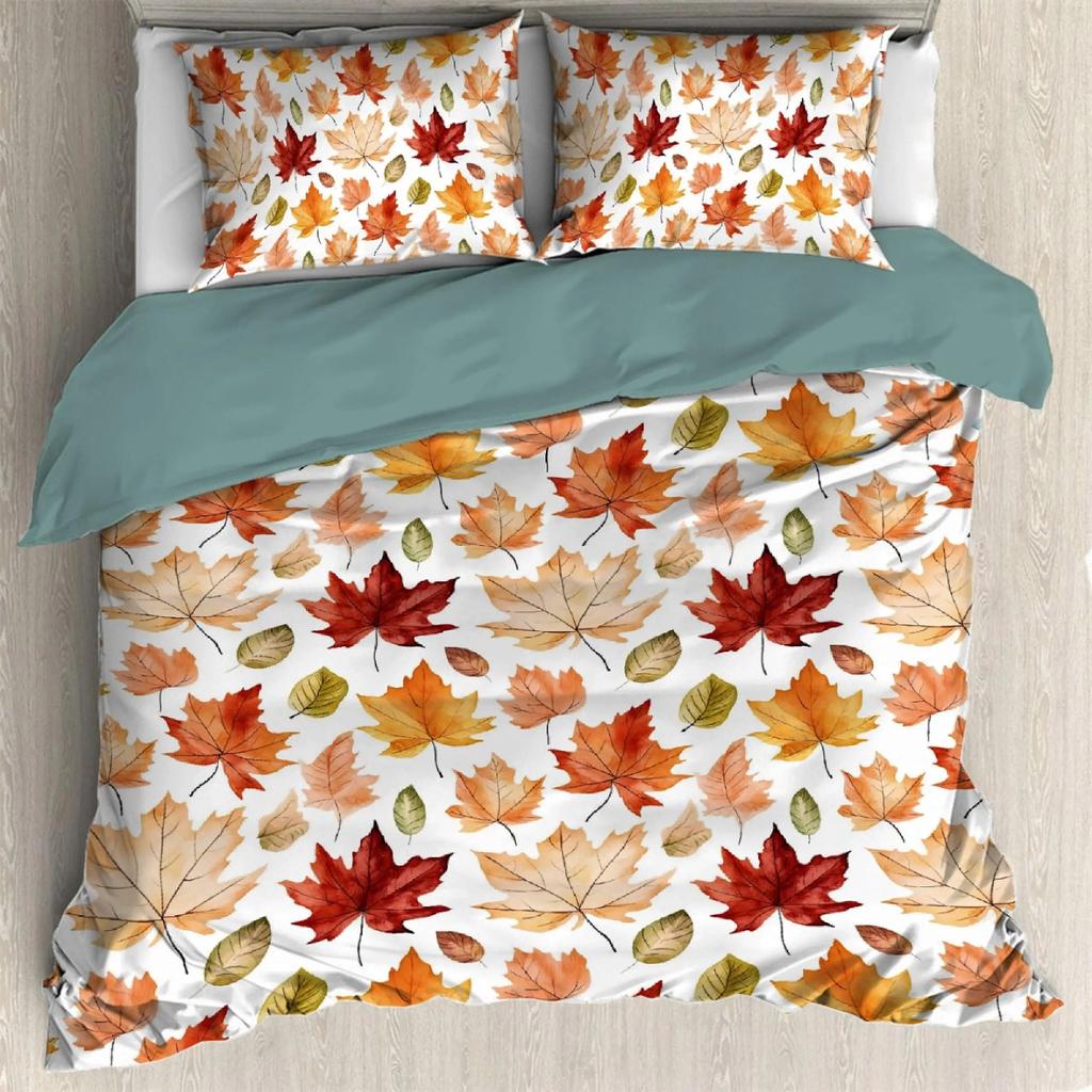 Thanksgiving Fall Pumpkin Maple Leaves Duvet Cover with 2 Pillow Shams 3pcs Comforter Cover Bedding Set All-Season Room Decor