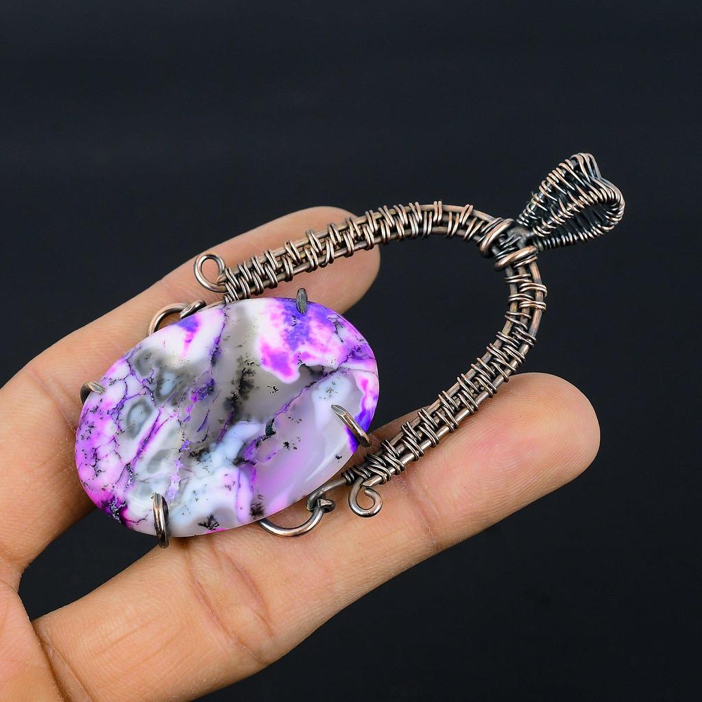 Pink Dendrite Opal 999 Copper Wire Wrapped Pendant, Handmade Gemstone Pendant Jewelry, Gifts For Wife Brand New Pendant
