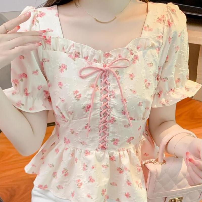 Fashionable and Versatile Bubble Sleeve Ladies' Tops Summer Shredded Ties Slim and Thin Ruffled Edge Shirts
