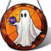 Halloween Stained Glass Pumpkin Suncatcher Adorable Ghost Design Hanging Window Decor for Indoor Outdoor Holiday Party
