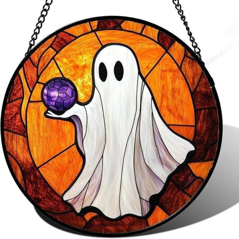 Halloween Stained Glass Pumpkin Suncatcher Adorable Ghost Design Hanging Window Decor for Indoor Outdoor Holiday Party