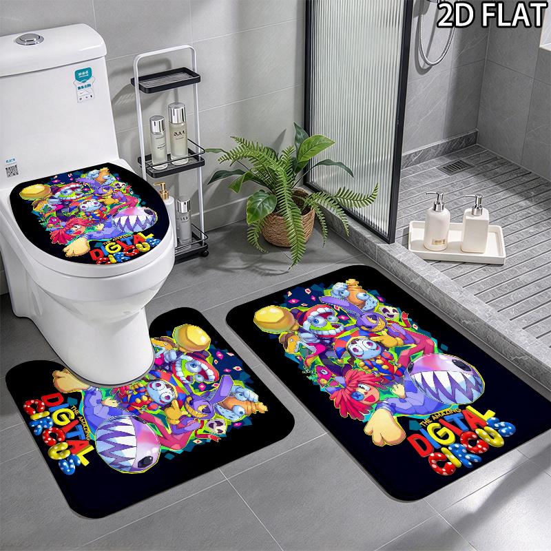 3Pcs Flannel Toilet Mat Set MTSJTthe Digital Circus Bathroom Rug Bath Carpet Non Slip Home Decor